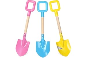 Dsmile 3Pcs Long Beach Shovels 16" Metal Kids Beach Spades Sand Shovels Toys with Wood Handle for Digging Shoveling Snow Sandbox Toys Set for Kids & Adults