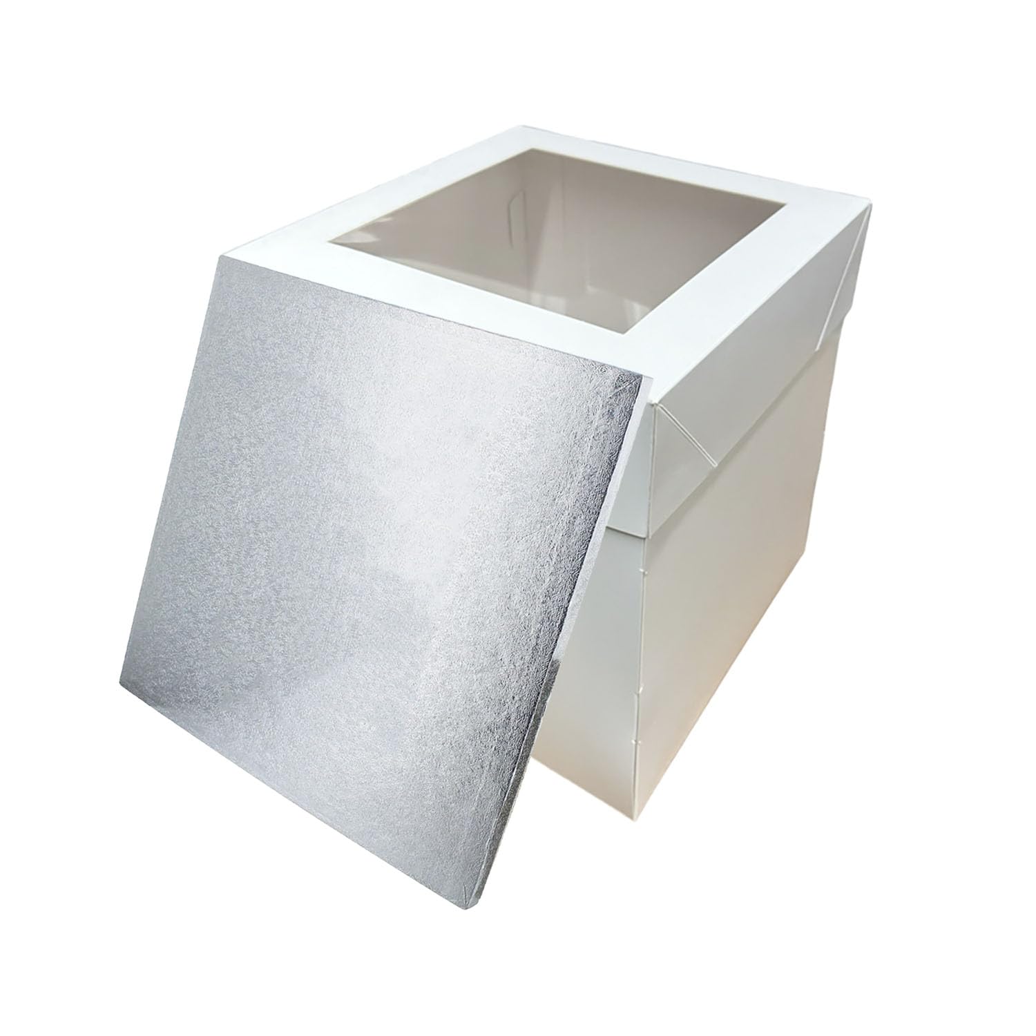 LARRYROO Tall White Cake Box Extra Deep with Clear Display Window & Silver Square Cake Drum Board Combo (12")