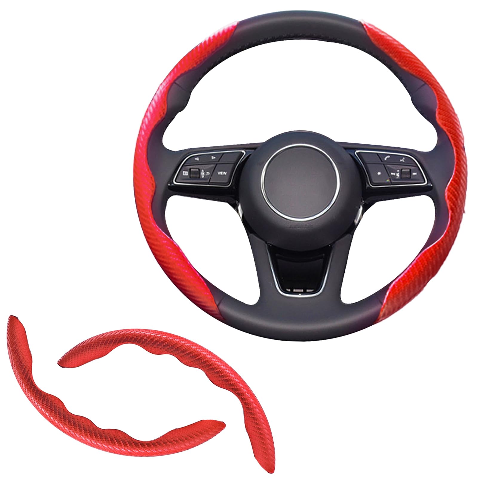 Photo 1 of 2pcs Universal Fit Carbon Fiber Steering Wheel Cover, Anti-Skid Steering Wheel Cover/Segmented Steering Wheel Protector/Car Interior Accessories (red)