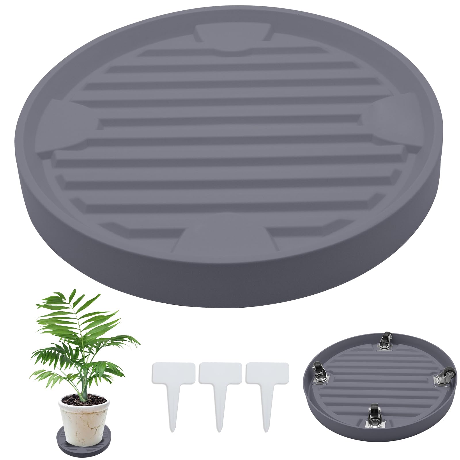 GNCLOUD Plant Caddy with 4 Wheels, Plant Saucer Pot for Heavy Plants, Movable Plants Stand Pallet, Flower Pot Holders, Round Plant Drip Tray, Inner Diameters: 28.3cm-Grey