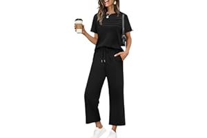WIHOLL Two Piece Sets for Women Summer Travel Vacation Outfits Short Sleeve Lounge Sets Side Slit Wide Leg Pants S-3XL