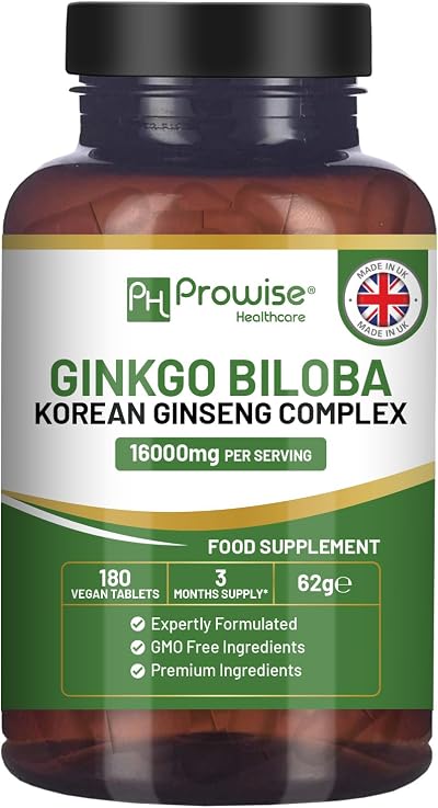 PH PROWISE Ginkgo Biloba Korean Ginseng Tablets 16000mg 180 Vegan UK