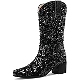 KISSASA Sequin Sparkly Mid Calf Cowboy Boots Glitter Wedding Chunky Heeled Cowgirl Boots