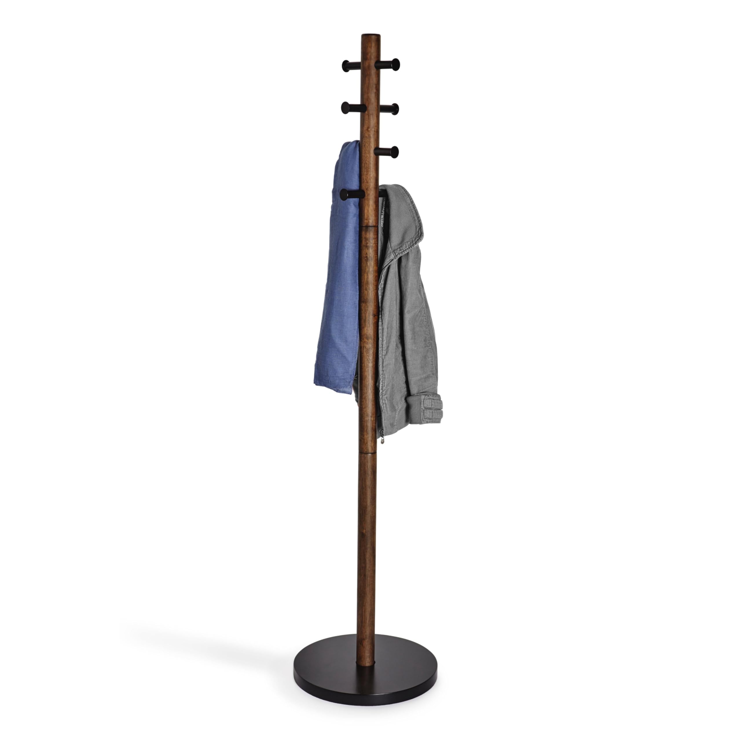 Umbra Pillar Coat Rack, Clothing Hanger, Umbrella Holder, and Hat Organizer, Great for Entryway, Black/Walnut