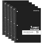ONAVIA 1 Subject Spiral Notebook College Ruled 5 Pack, 140 Pages, Black | 70 Sheets, 8 x 10.5 in, 3-Hole Punched, School Notebook, Writing Notebook, Students, Study