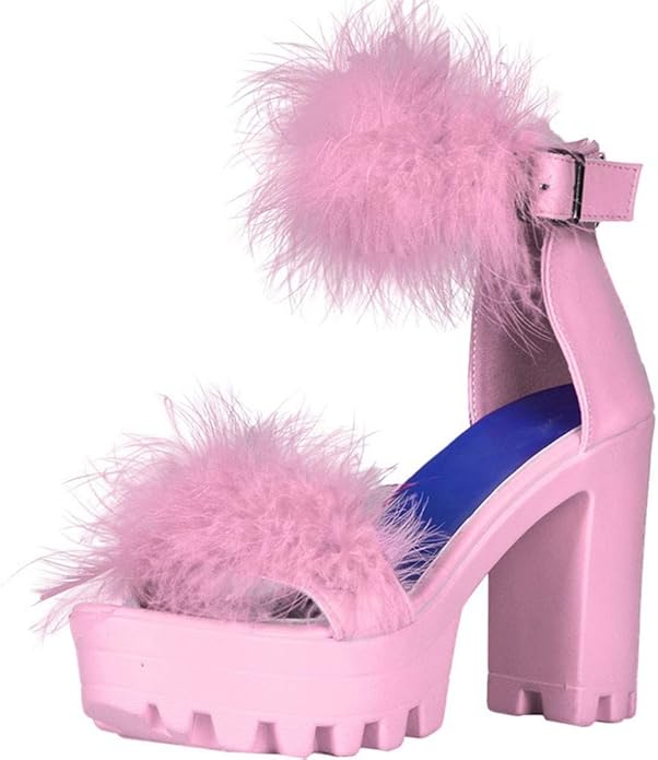 Amazon.com | Womens Platform Faux Fur Sandals Chunky Heel Open Toe Ankle Strap High Heeled Dress 