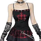 Gothic Black Tops for Women Y2K Spaghetti Strap Square Neck Crop Plaid Tank Patchwork