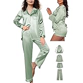 WJing Yi Jia 4Pcs Womens Silk Pajamas Set XS-XXL Satin Pajama Sets for women Silky Pj Set Sleepwear Pjs Nightwear Loungewear