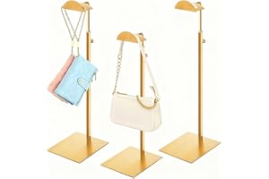 Hacaroa Set of 3 Purse Display Stand Stainless Steel, Adjustable Metal Handbag Holder Gold Tabletop Bag Rack, Single Hook Jewelry Display Stand for Closet, Boutique, Store