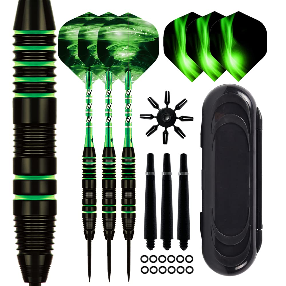 Aiqilai Steel Tip Darts Set 22g,3 Pack Professional Dart with Aluminum Shafts(+3 More Spare Shafts) and 2 Style Flights And Darts Case -Green