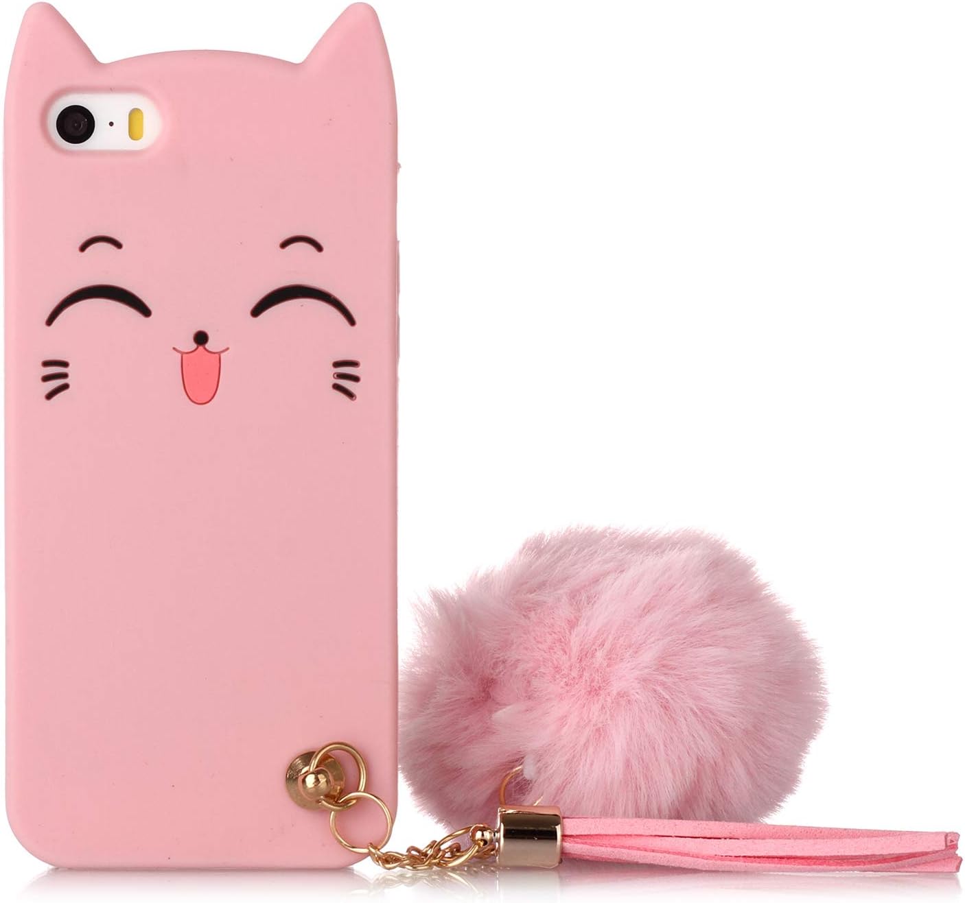 iPhone 5S Cat Case, iPhone SE Silicone Case, Fashion Cute 3D Pink Meow Party Cat Kitty Kids Girls Lady Protective Cases with Pompom/Strap Soft Case Skin for Apple iPhone 5/5s iPhone SE