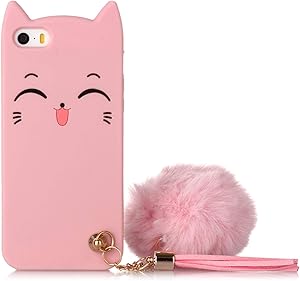 iPhone 5S Cat Case, iPhone SE Silicone Case, Fashion Cute 3D Pink Meow Party Cat Kitty Kids Girls Lady Protective Cases with Pompom/Strap Soft Case Skin for Apple iPhone 5/5s iPhone SE
