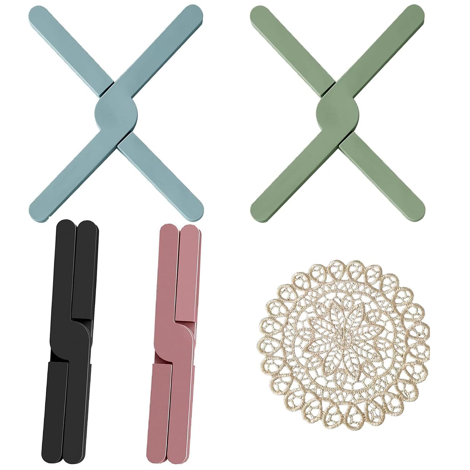 VZU Heatproof Trivet, Silicone Heat Mats for Kitchen Worktop, 5PCS Silicone Mats for Worktops, Heat Resistant Mat, Hot Pan Stand for Kitchen Worktops with One Embroidered Round Insulation Pad