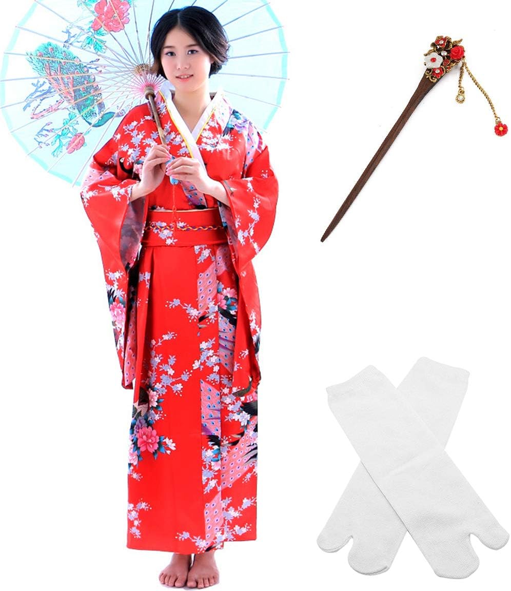 ElibelleJapanese Anime Lolita Cherry Sakura Flower Printing Kimono Costumes Fancy Dress Hairpin tabi Socks Set(CHF007) Black
