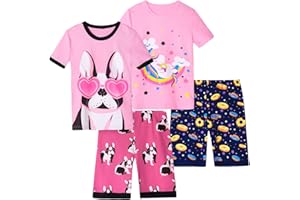 Vopawetty Girls 4-Piece Summer Pajamas Cotton Short Pjs Set Kids Sleepwear