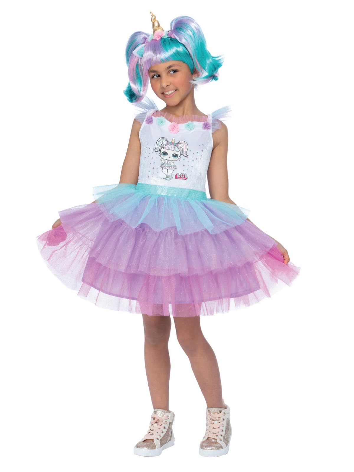 Smiffys L.O.L Surprise!™ Deluxe Unicorn Girls Costume, Dress with Pigtail Headband, Official L.O.L Surprise!™ License Layered Frilled Skirt Fancy Dress Outfit for Girls
