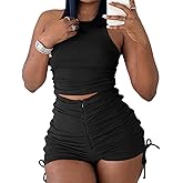 PYAEAS Summer Two Piece Outfits for Women, Casual Stretchy Ribbed Tank Crop Top Ruched Shorts Set Workout Tracksuits
