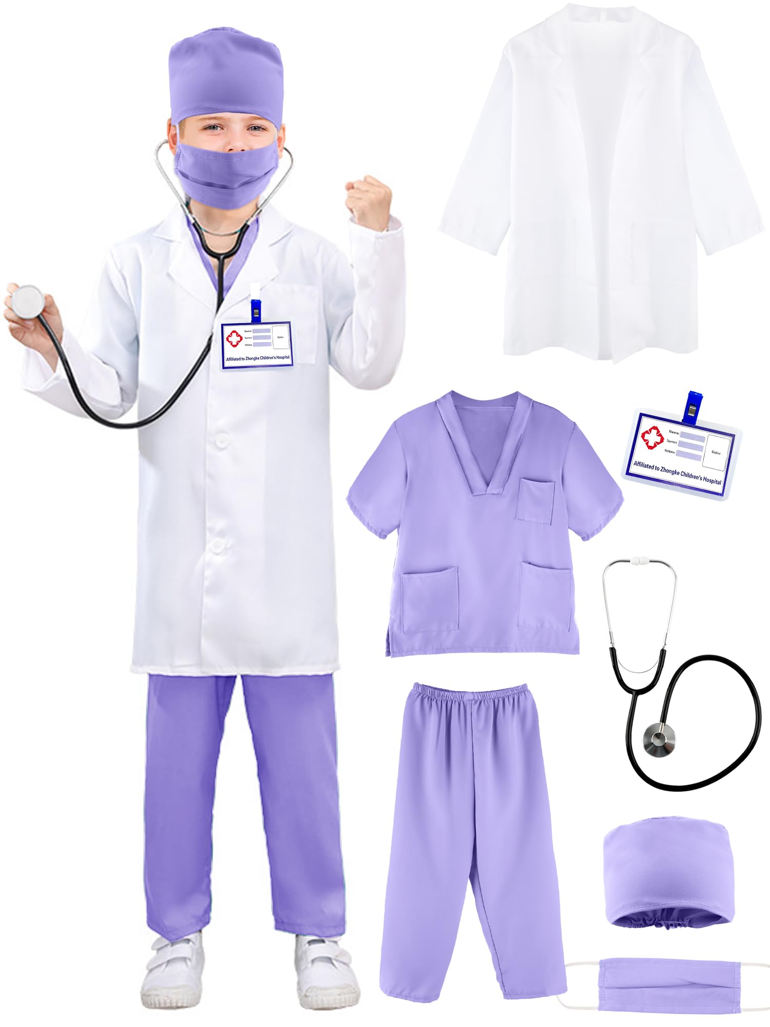 Puteraya Kids Doctor Costume Set Surgical Doctor Suit Kit Scientist Uniform with Stethoscope Toys for Boys Girls Dress Up Halloween Cosplay (Doctor Costume Set 5, 9-12 Years(140-150 cm)) — image 1