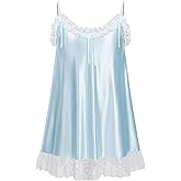ABAFIP Men's Sissy Nightwear Satin Shiny Ruffle Lace Mini Nightdress Spaghetti Strap Crossdress Nightgown