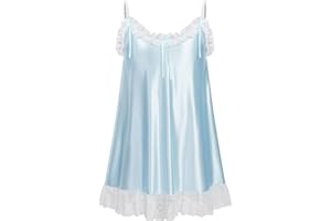 ABAFIP Men's Sissy Nightwear Satin Shiny Ruffle Lace Mini Nightdress Spaghetti Strap Crossdress Nightgown