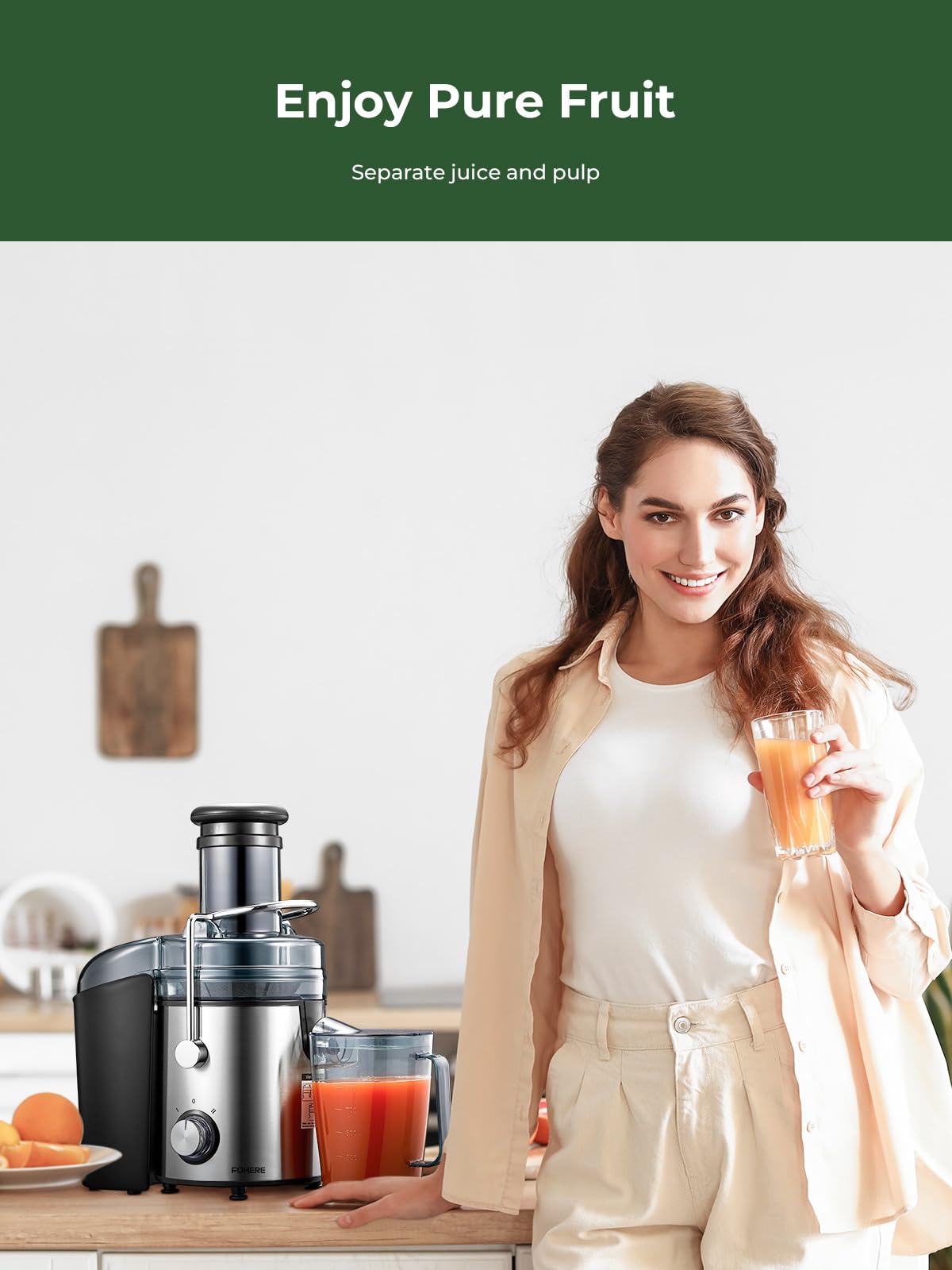 Juicer Machines, FOHERE 1000W Juicer Whole Fruit and Vegetables, Quick Juicing Easy to Clean, 75MM Large Feed Chute, Dual Speed Setting and Non-Slip Feet, Silver