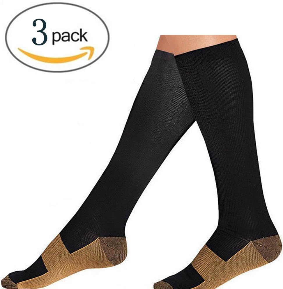 Copper Compression Socks 1520 mmhg Black, 3 Pair Unisex Copper Infused Compression Socks, Knee