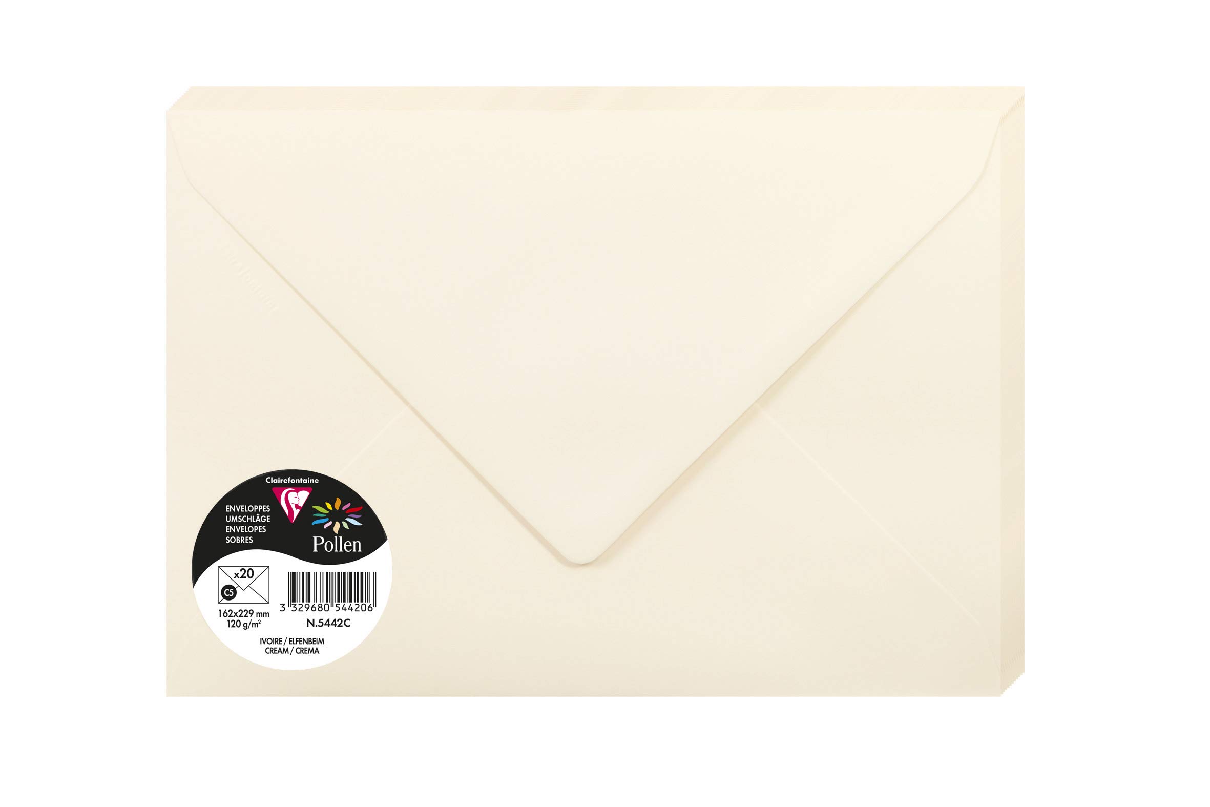 Clairefontaine 5442C Pack of 20 Gummed Envelopes Format C5 16,2x22,9cm 120gsm Colour Cream Invitation Events Correspondence Pollen Range Premium Smooth Paper
