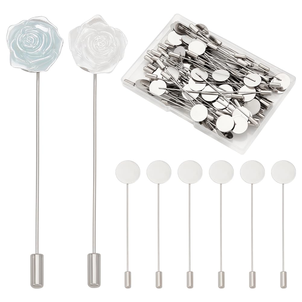 UNICRAFTALE 80Pcs Stainless Steel Brooch Findings 77mm Long Metal Flat Round Tray Lapel Pin Safety Pins Stick Pins Brooch Pin Needle Suit Tie Hat Pin Scarf Badge for Diy Jewelry Making Accessories