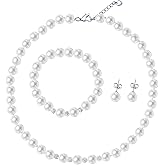 Elunix 8mm White Faux Pearl Jewelry Set: Classic Design with Rhinestone - Decorated Necklace, Bracelet & Earrings,Suitable for Women and Girls