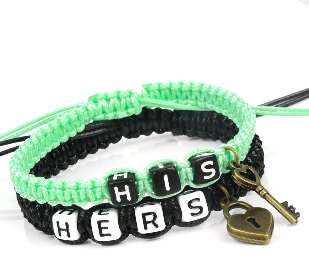 HisandHers[TM Couple Bracelets Handmade Waxed Cord Bracelet for Lovers Wedding Birthday Anniversary Valentine's Day (Black Green)