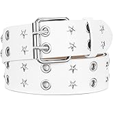 SANSTHS Women Double Grommet Studded Belts, Black Leather Belt for Women Men Punk belt