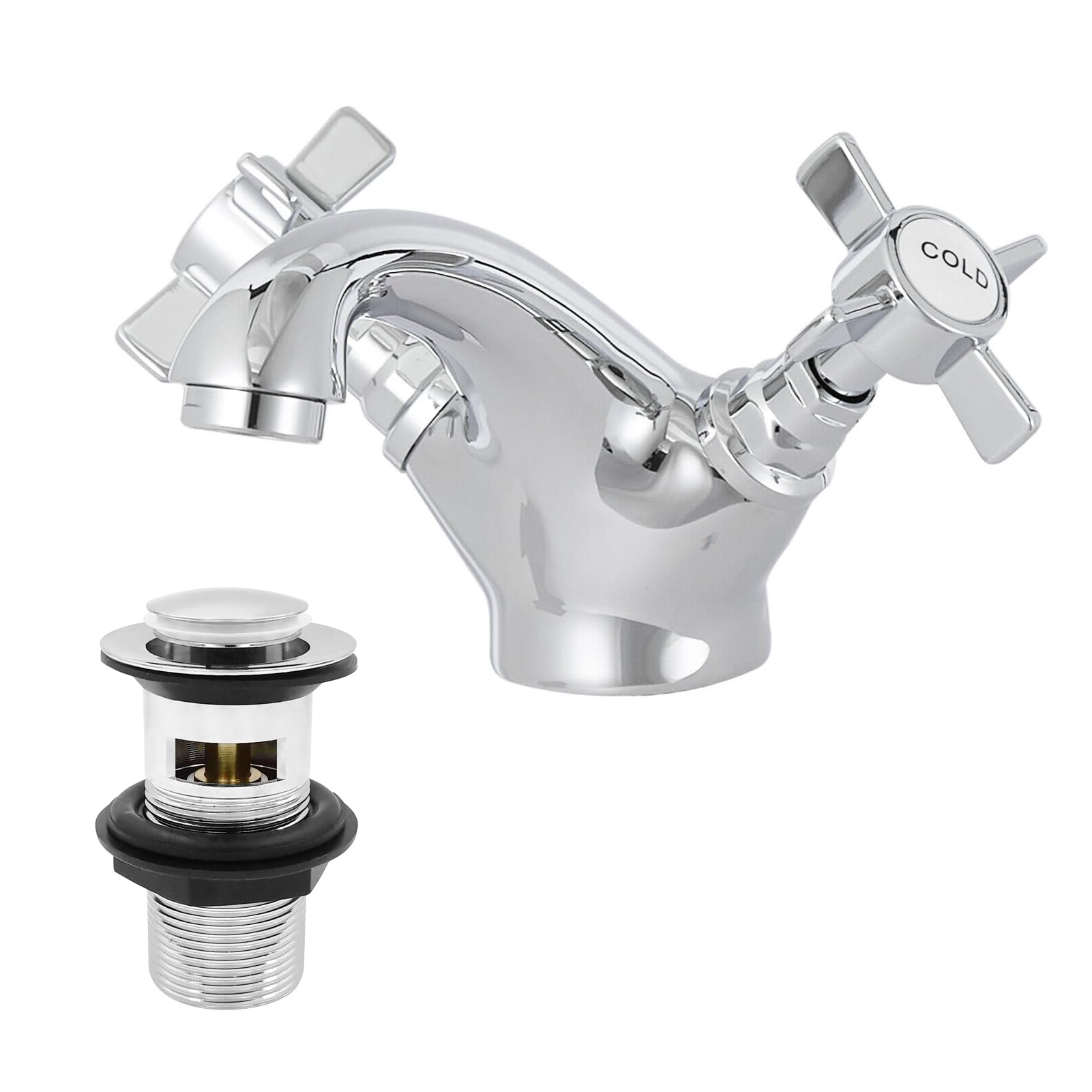 Victorian Bathroom Sink Tap for Basin with Pop Up Sink Plug Dual Cross Lever Chrome Brass Swan Neck Bathroom Tap Mixer Traditional Basin Mixer Tap 044CR