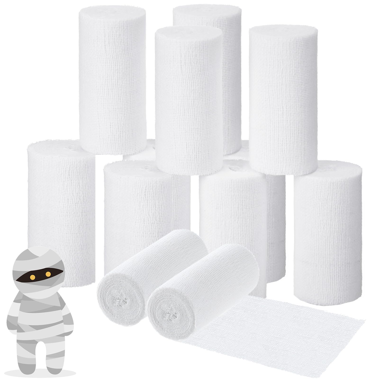 Photo 1 of BBTO 12 Rolls Halloween Performance Mummify Cotton Bandages Gauze Rolls White Gauze Wrap Zombie Crepe Bandage Cosplay Mummy Stretch Bandage Roll Halloween Cosplay Wounded Photography Props