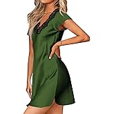 Ekouaer Women's Satin Nightgown Sleepwear Lace V Neck Side Slits Nightie Short Sleeves Nightshirt