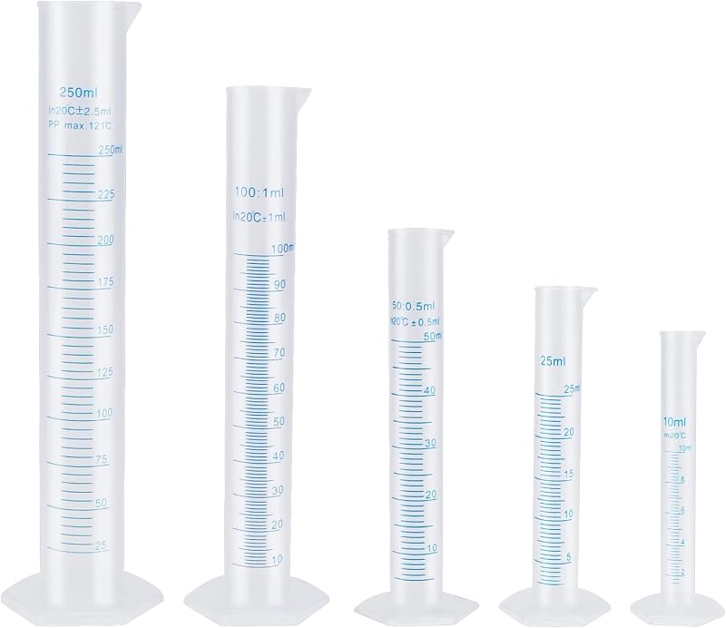 Pveath 5Pcs Plastic Graduated Cylinder Beaker Set 10 25 50 100 250 ml