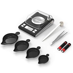 Reloading Scale 50 x 0.001g High Precision Gem Scale Supplement Powder Scale Milligram Includes 20g Calibration Weight, 2 Scoops , 4 Weighing Powder Pans Tweezers Read in Grain Gram Carat DWT oz ozt