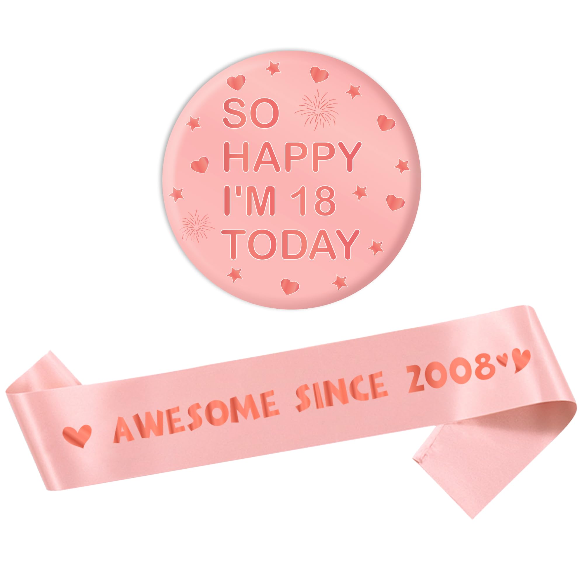 18th Birthday Decorations Sash Set - Rose Gold Awesome Since 2008 Sash with Button Badge, Happy 18 Years Old Birthday Party Decoration for Fabulous Girls