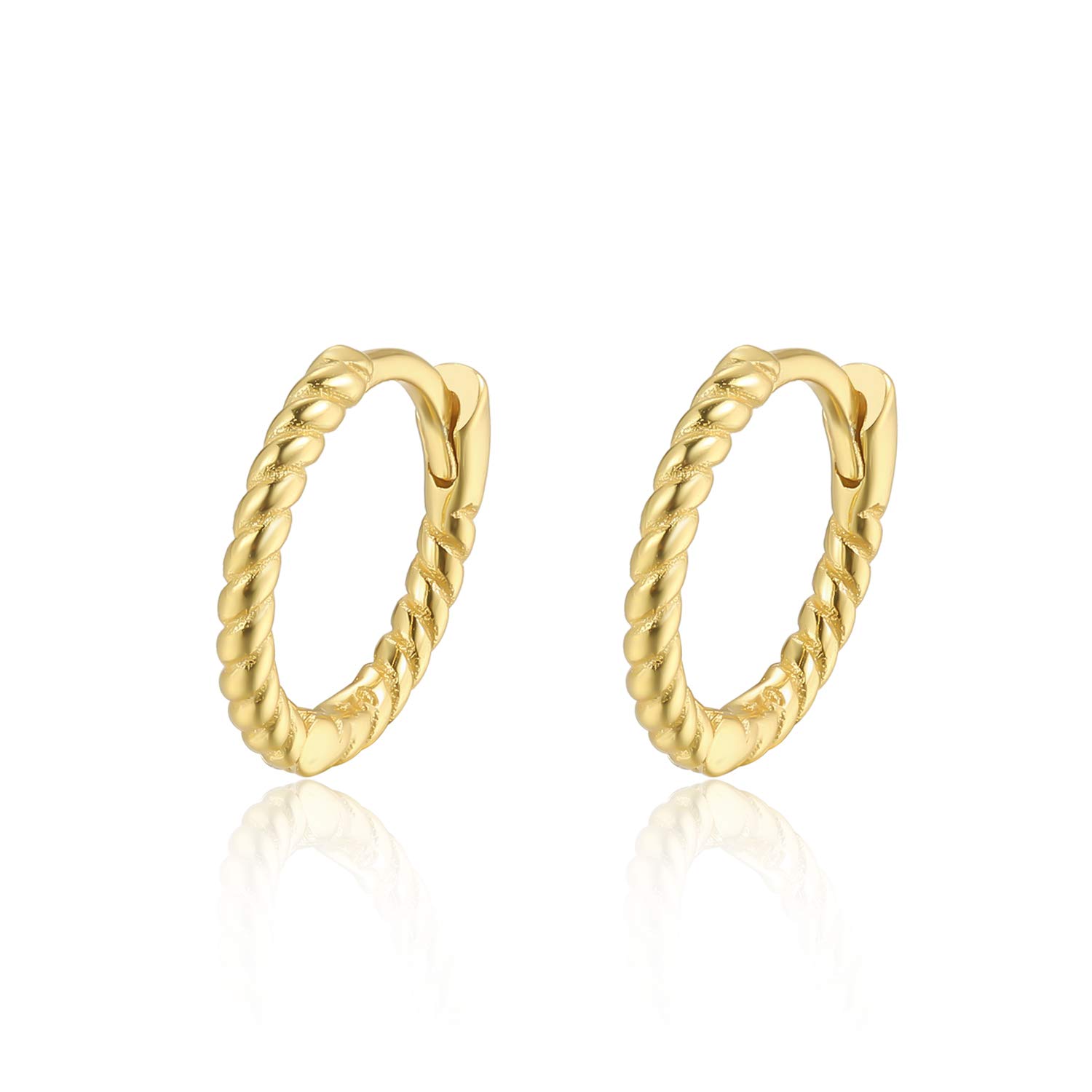 18k Gold Plated Silver Cute Twisted Hoop Earrings 7.5mm Simple Hinged Cartilage Tragus Bali Huggie Sleeper Hooped Earrings For Women Mens