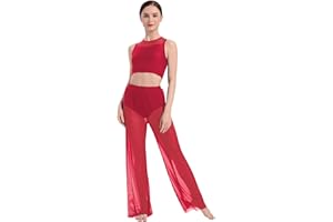 ODASDO Women Contemporary Dance Costumes Lyrical Dancewear Sleeveless Crop Top Elastic Waist Wide Leg Mesh Pants 2pcs Set