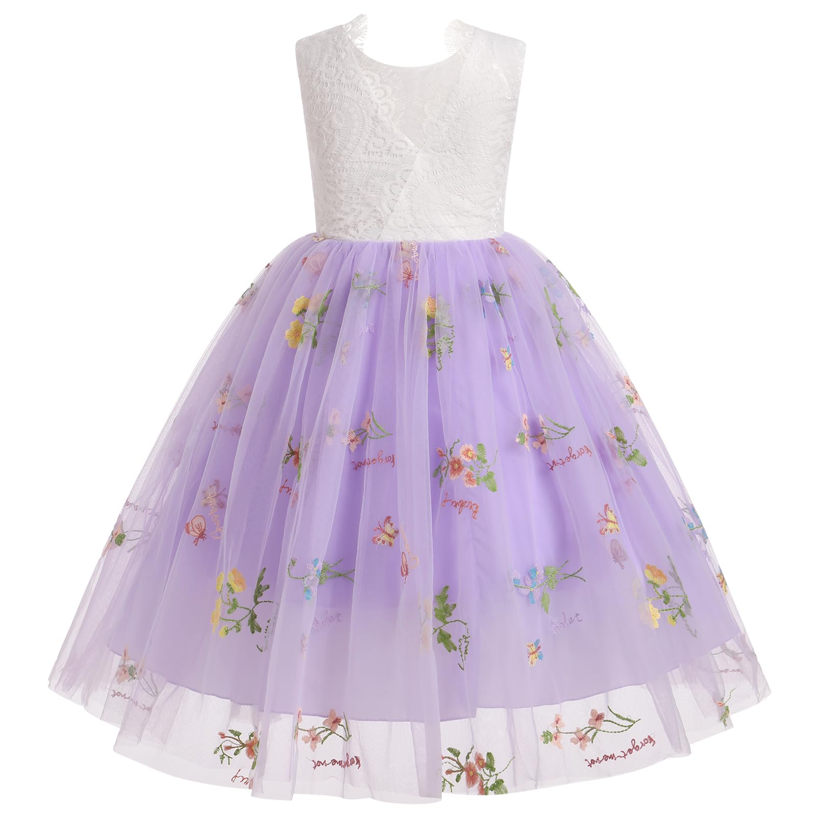 Photo 1 of Beach Flower Girl Dress - Kids Toddler Girls Lace Back Tulle Dress Long A Line Wedding Pageant Fancy Formal Bridesmaid Princess Party Fancy Dance Maxi Gown Summer Sundress Floral Lavender 5-6 Years size 130