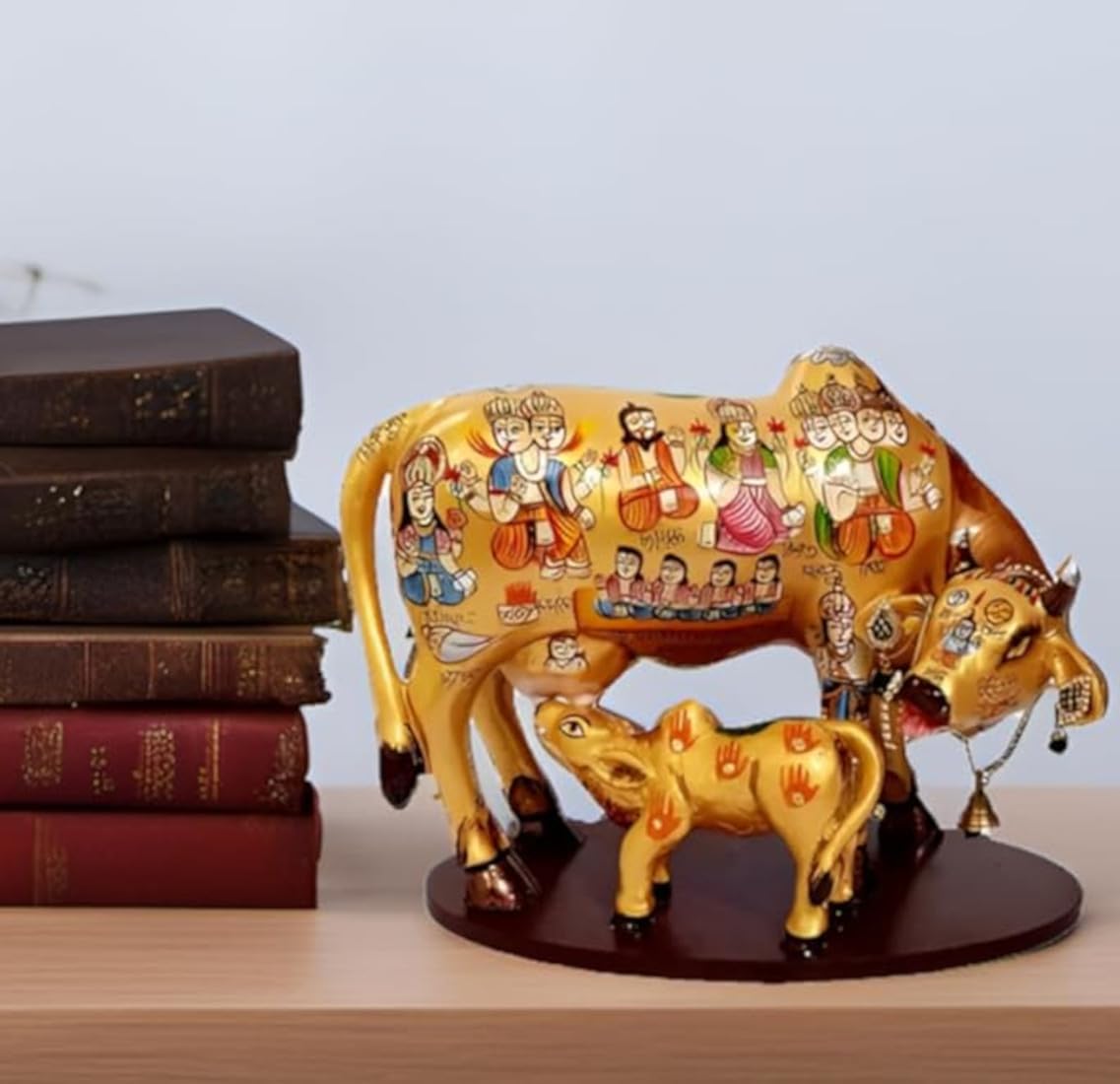 Purpledip Resin Idol Kamdhenu Wish Cow & Calf: Hindu Gods Painted Good Luck Statue (10103A)