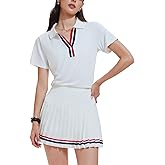 Women 2 Piece Tennis Skirt Set Pleated Golf Outfit, Polo V-Neck Athletic Dress Alternative Skort Set for Pickleball Pockets