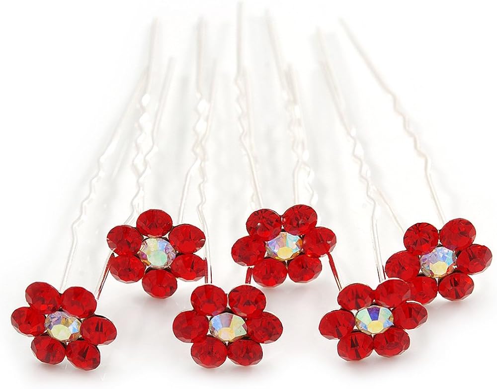 Bridal/Wedding/Prom/Party Set Of 6 Red Austrian Crystal Daisy Flower Hair Pins In Silver Tone, silver, red