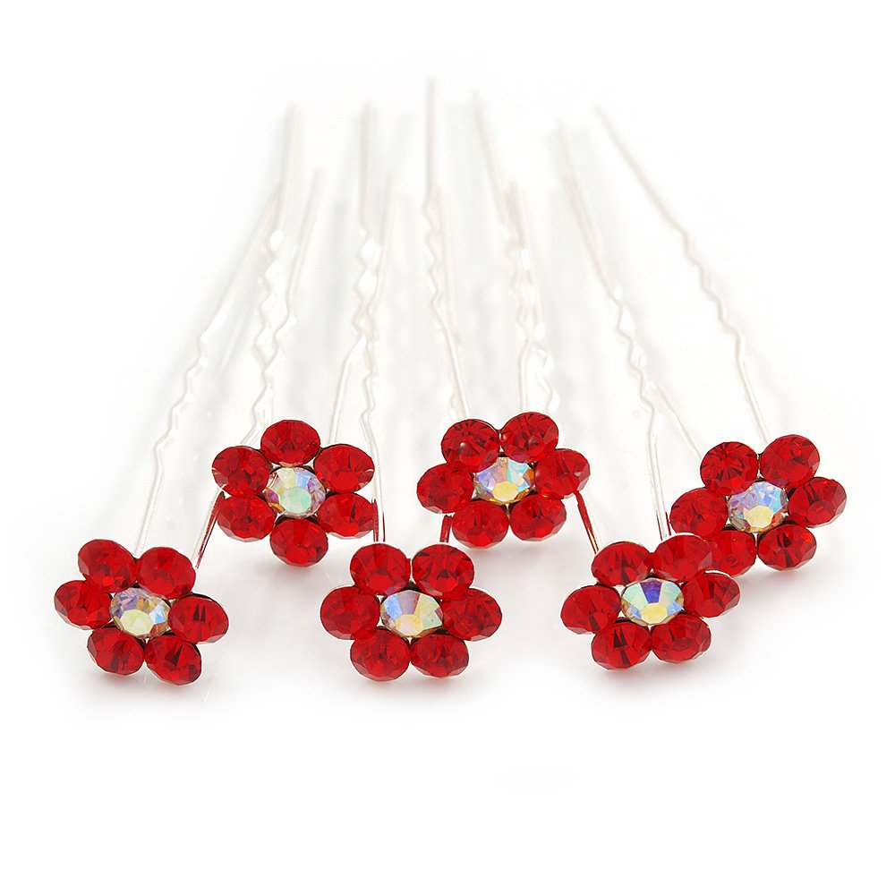 Bridal/Wedding/Prom/Party Set Of 6 Red Austrian Crystal Daisy Flower Hair Pins In Silver Tone