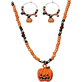 WETMT Halloween Pumpkin Jewelry Set for Women Pumpkin Beaded Necklace Pumpkin Beaded Hoop Earrings Pumpkin Rhinestone Drop Earrings Halloween Party Jewelry Set