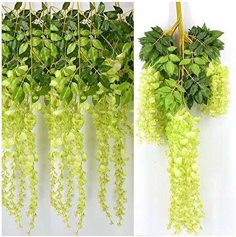 Heybee 12 Pieces 3.6ft (43.3 inch) Artificial Silk Wisteria Vine Rattan Hanging Flower for Fairy Romantic Wedding Decor (Green)