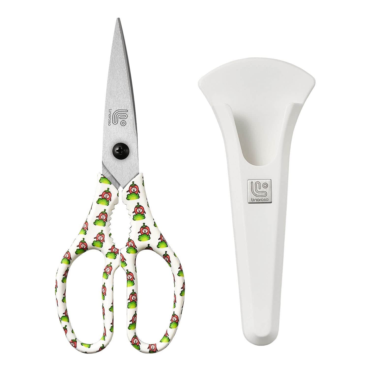 Linoroso Heavy Duty Kitchen Scissor Ultra Sharp Utility Scissors with Cover, Cooking Cutting Stainless Steel Food Shears for Meat Poultry Fish Chicken Pizza Vegetables Herbs BBQ Nuts - Chili Graphic