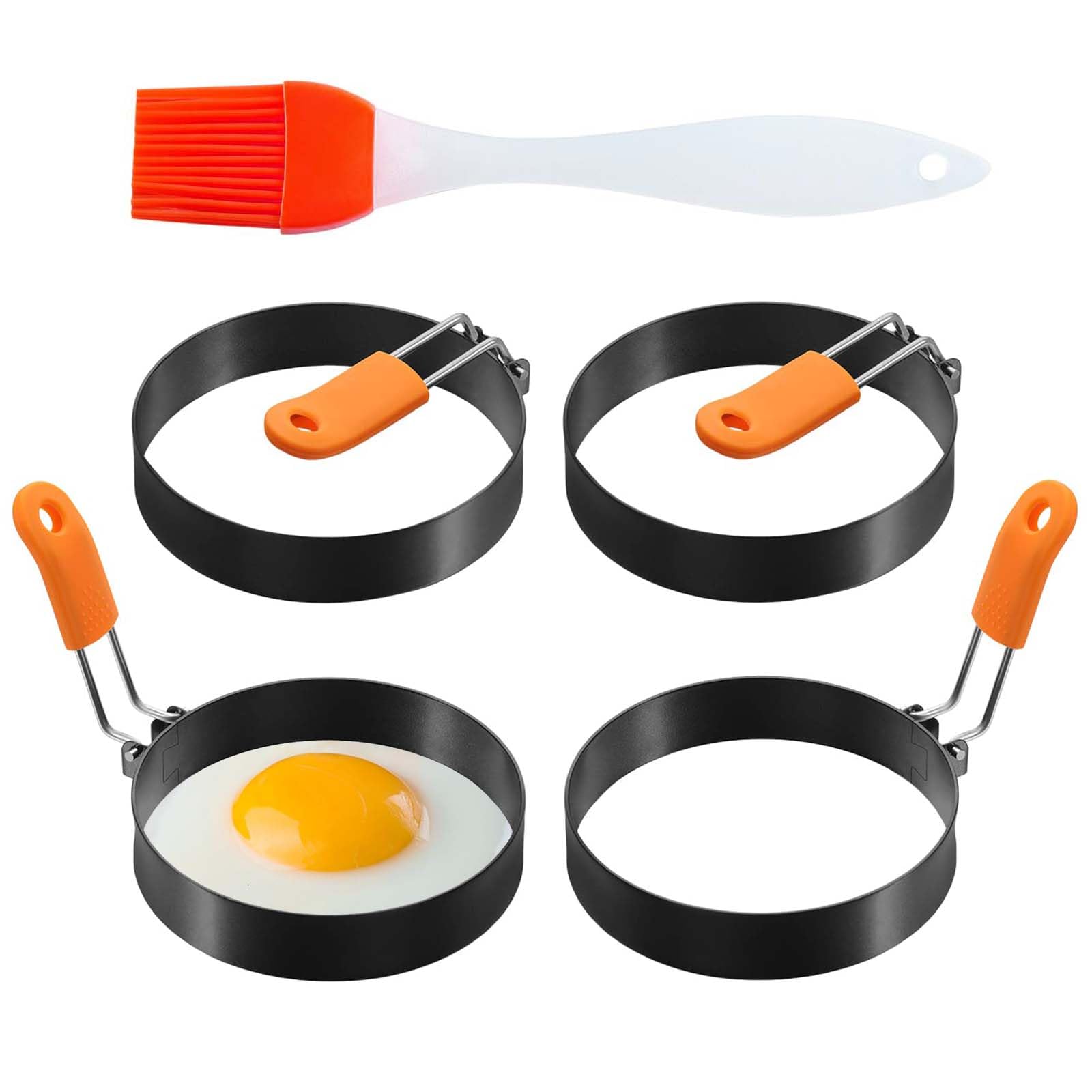 Egg Rings for Frying - 4Pack Non Stick Fried Egg Ring Stainless Steel Poached Egg Rings with Anti-Scald Folding Handle and Oil Brush for Household Kitchen Cooking Egg Frying Rings Mini Burger
