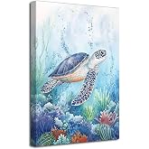 LZIMU Sea Turtle Bathroom Wall Art Coastal Theme Picture Poster Nautical Coral Waterproof Canvas Print Ocean Marine Life Painting Living Room Bedroom Decor (Teal, (18L x 12W))