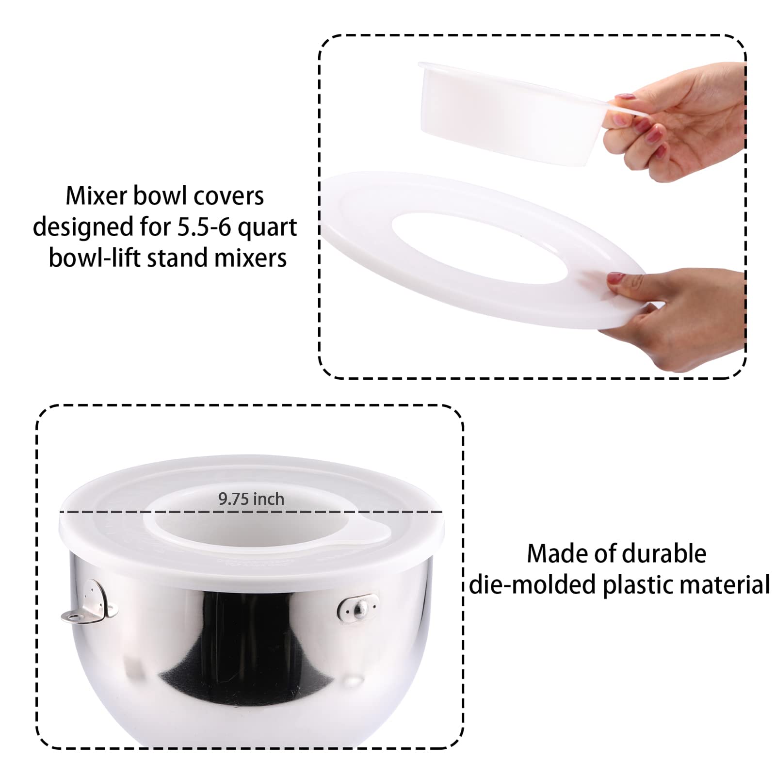 Mixer Bowl Lid Covers for KitchenAid 5.5-6 Quart Bowls - Stand Mixer Bowl Covers to Prevent Ingredients from Spilling, Fits Bowl-Lift Models KV25G and KP26M1X (2 Pack)
